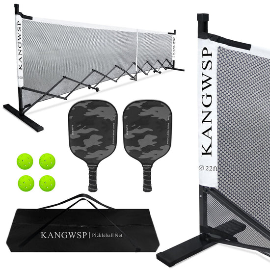 KANGWSP Automatic Foldable Pickleball Net Portable Free Assembly Regulation Size 22FT with Wheels with Pickle Balls and Paddles for Backyards DrivewaysGarages