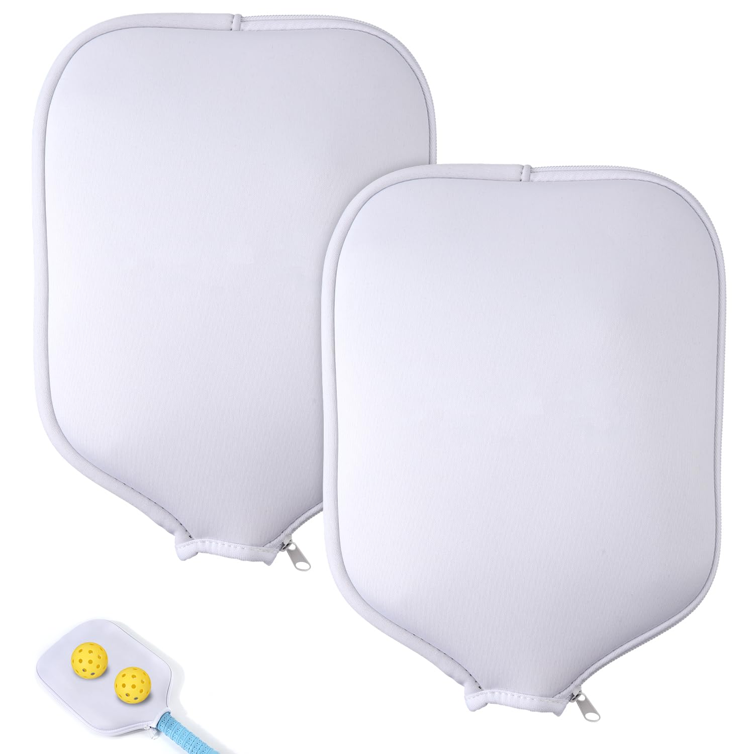 PEUTIER 2pcs Pickleball Paddle Covers Waterproof Neoprene Pickle Ball Covers Protective Pickleball Racket Holder Sleeve with Zipper Fits Most Paddle Racket (White)