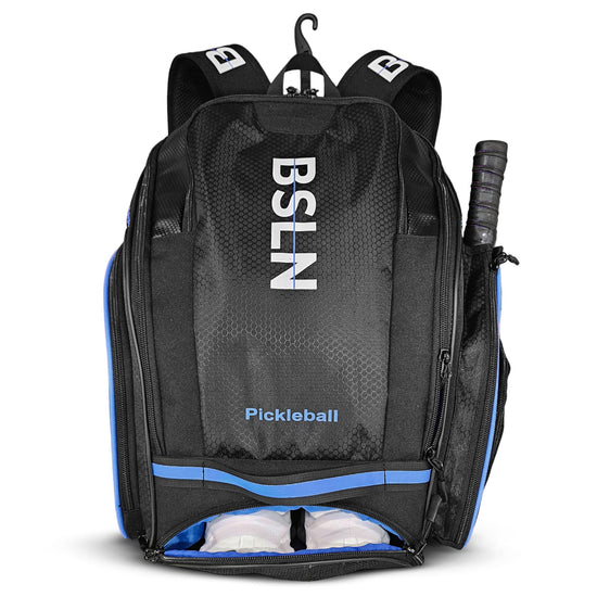 BSLN Pickleball Bag - Large Pickle Ball Sports Backpack with Padded Paddle Pockets & Large Bottom Sack for Shoes - Hanging Fence Hook Storage Compartments for Laptop Insulated Water Bottle (blue)