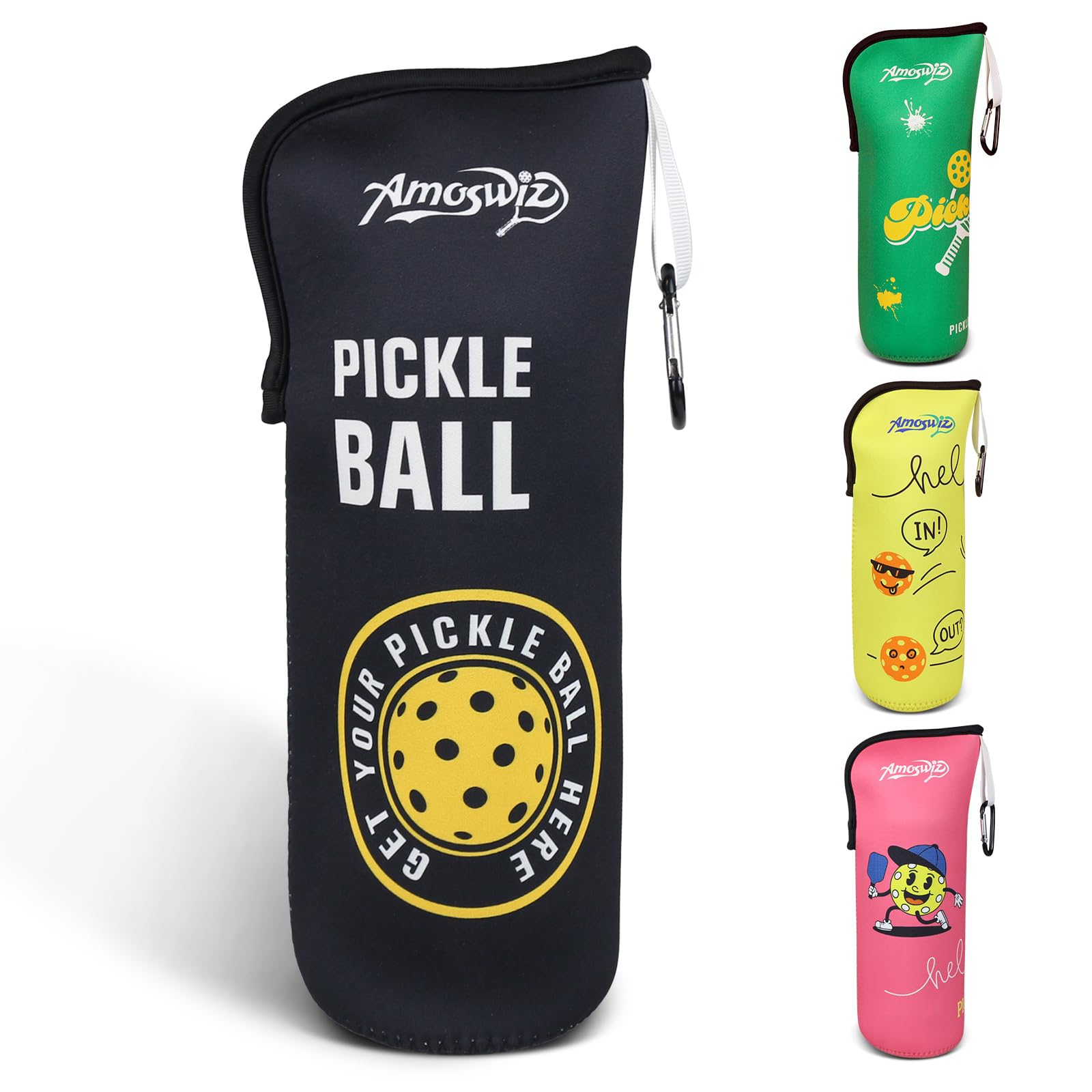 Amoswiz Pickleball Ball Holder - 1 Pc Pickle Ball Storage Bag Portable Tennis Pouch with Hook for Fence Premium Neoprene Material Bottle Holder Pickleball Accessory Black Color