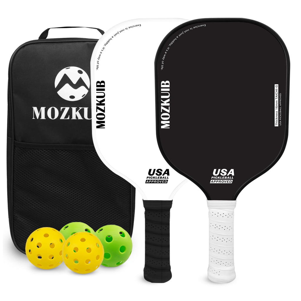 MOZKUIB Pickleball Paddles Set of 2 Fiberglass Surface Pickleball 16MM Polypropylene Honeycomb Core Pickle Ball Paddle Set with 2 Paddles 4 Balls 1 Carrying Bag for Men Women Indoor Outdoor