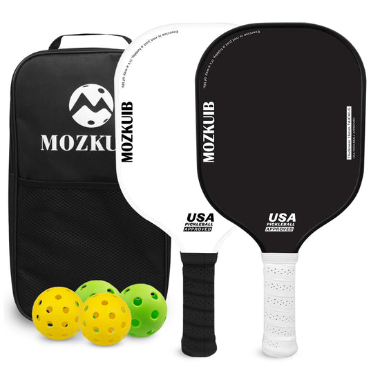 MOZKUIB Pickleball Paddles Set of 2 Fiberglass Surface Pickleball 16MM Polypropylene Honeycomb Core Pickle Ball Paddle Set with 2 Paddles 4 Balls 1 Carrying Bag for Men Women Indoor Outdoor