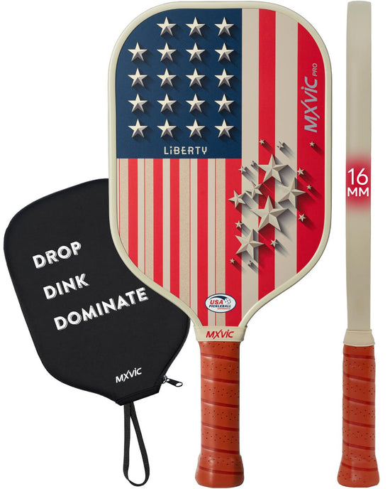 MXVIC 16mm Pickleball-Paddle T700 Carbon-Fiber Surface (CFS) with High Grit & Spin USAPA Approved Power and Control Paddle with Cover | 2024 American Flag Pickle-Ball Racket for Intermediate Pro