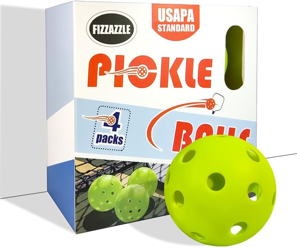 Fizzazzle Indoor Pickleball Balls - 4 Pack 26 Holes - USAPA Standard Pickleball Balls - Pickleball Accessories Set - High Resilience & Durability Green Pickle Balls